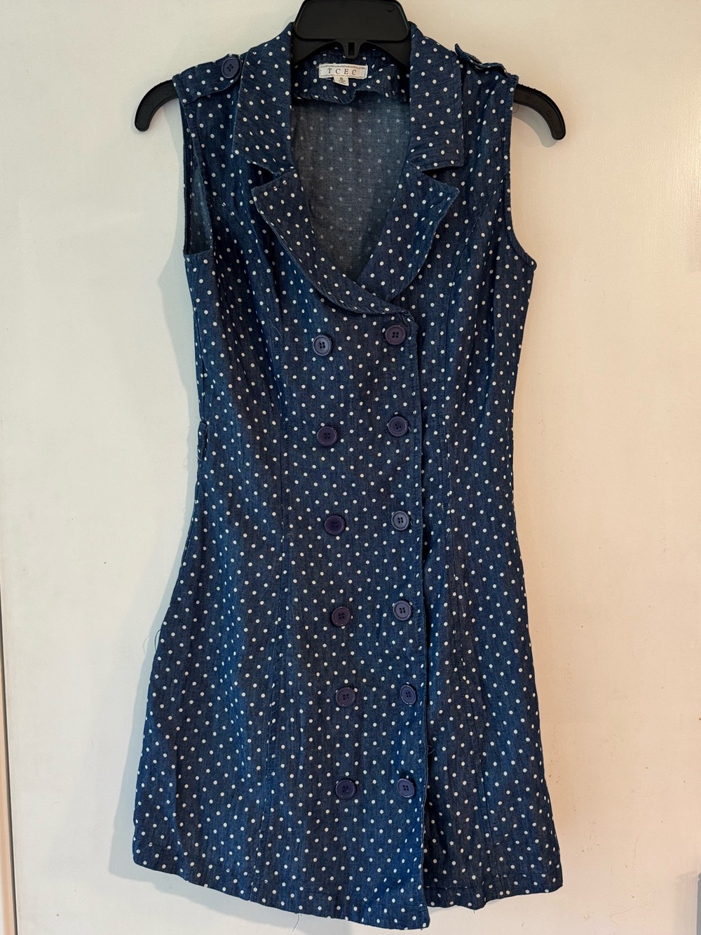 TCEC Navy Blue Polka Dot Sleeveless Double-Breasted Mini Dress